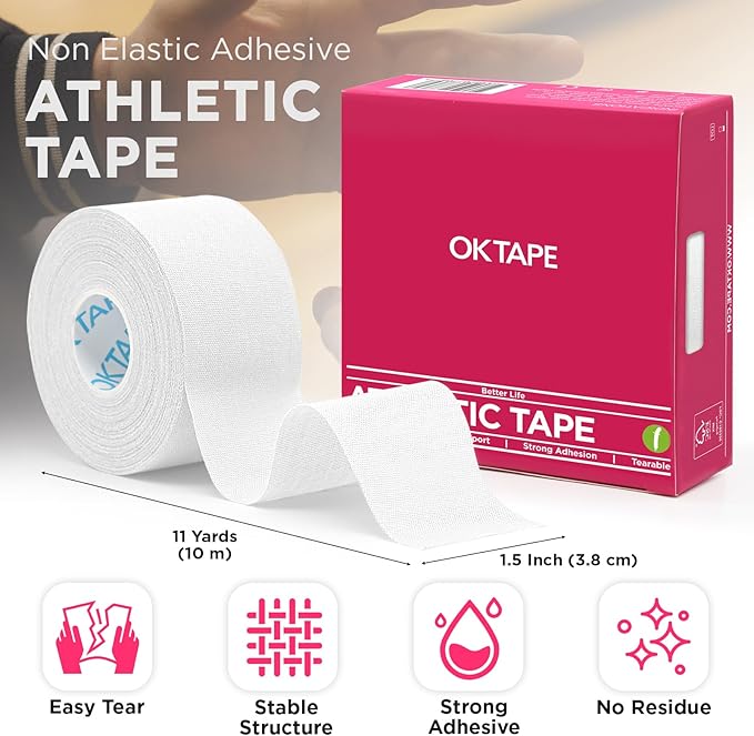 OK TAPE Athletic Sports Tape（4 Packs) White- 32.8ft Per Roll Athletic Tape for Injuries,Strong Stick No Residue Athlete & Sport Trainers First Aid Injury Wrap, Hockey Stick