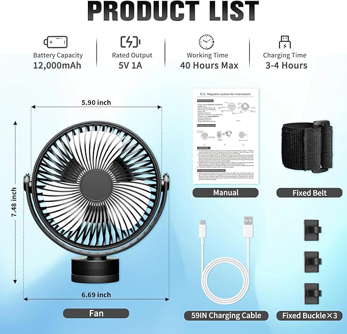 Upgrade Golf Cart Fan Rechargeable with Magnetic Base, Portable 12000mAh Magnetic Fan with 4 Speeds, LED Lantern, Fits Club Car EZGO YAMAHA Golf Cart & Cruise Ship Accessories