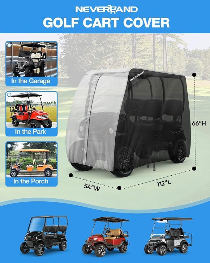 NEVERLAND Golf Cart Cover 4 Passenger - Outdoor Waterprood Golf Cart Covers, 420D Club Car Covers with Air Vent Compatible with EZGO Yamaha Club Car 4 Seat (Up to 112 Inch)-Black+Sliver