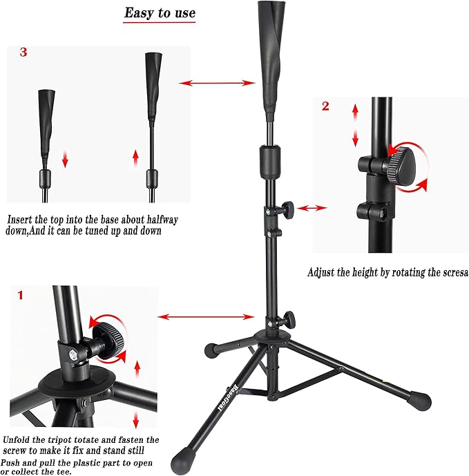 BaseGoal Batting Tee Baseball Tee,Softball Travel Portable Tee Tripod Stand Rubber Tee for Batting Training Practice with Carrying Bag