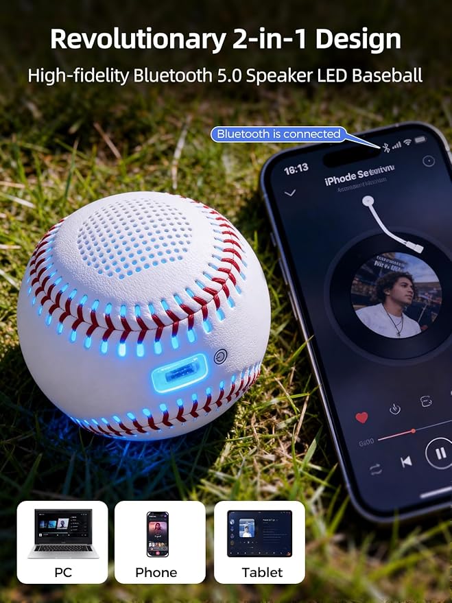 Light Up & Glow-in-The-Dark Baseball with Bluetooth Speaker, Sports Gifts for Baseball Fans, Boys 8-12, Teens & Adults, Unique Accessories