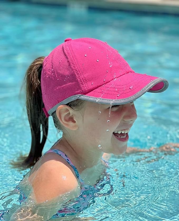Little Girls Reflective Baseball Cap Criss Cross Ponytail Hat Kids Quick Dry Mesh Summer Sports Hat for Toddler Ages 3-8