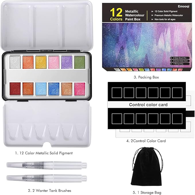 Emooqi Watercolor Paints Set, Metallic Glitter Watercolour Solid Paint Include - Image 9