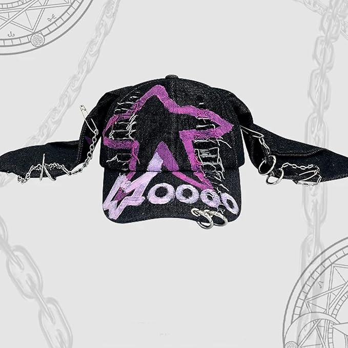 Y2k Hat Punk Hats Denim Bunny Hat Chains Distressed Baseball Cap Kpop Outfits Y2k Grunge Hats for Women