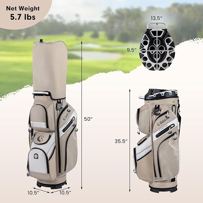 Tangkula Golf Cart Bag with 14-Way Full Length Dividers, 6 Molded Lock Top Golf Club Bag with 11 Pockets, Cooler Bag, Padded Strap, Handles, Umbrella Holder & Rain Hood