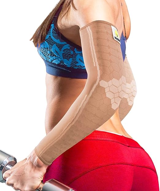 Sparthos Arm Compression Sleeve - Elbow Braces for Recovery, Support for Athletic Sports Running Tennis Baseball Lifting Volleyball Shooting Weightlifting Golf - for Men and Women (Beige-XS)
