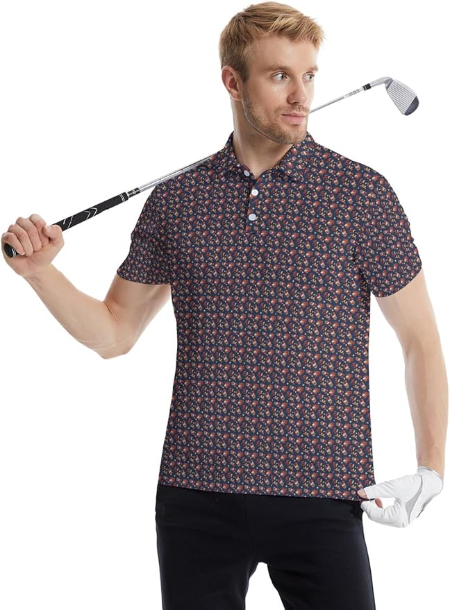 HUURAY Funny Golf Polos for Men Funny Print Short Sleeve Shirts Quick Dry Polo Shirts Hawaiian Shirt Performance Golf Outfits