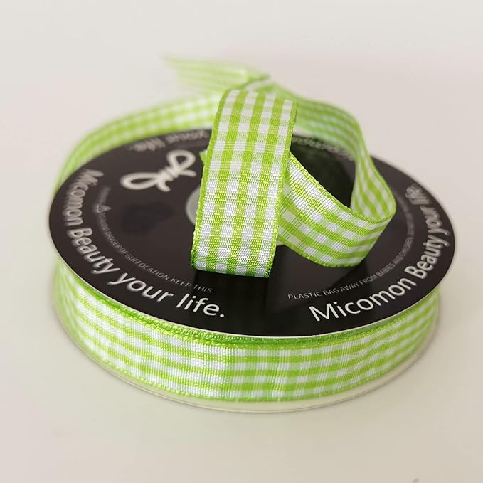 Apple Green Light Green Gingham Plaid Checked Ribbon 25 Yards Each Roll 100% - Image 7
