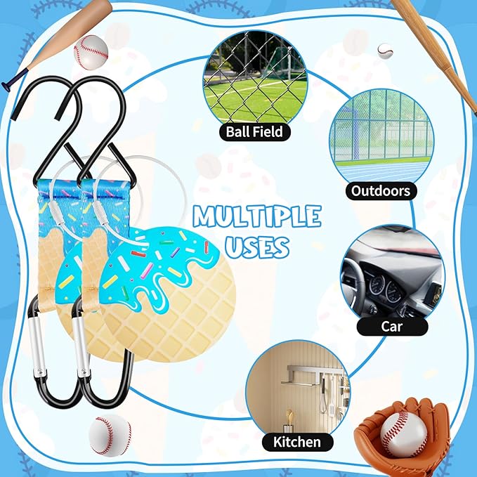 Eyourlife Dugout Organizer Fence Hook Baseball Softball Gift for Bag Backpack Glove Helmet Drinking Bottle Hanging with Name Luggage Tags Charms Team Gift for Coach Mom 2set blue ice cream drip 1 hook