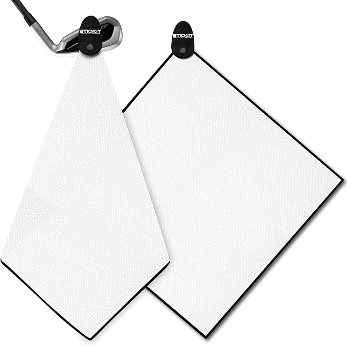 STICKIT Magnetic Golf Towel - Ultra-Absorbent with Waffle Weave Microfiber - Golf Towel with Magnet for Bags, Clubs & Carts - Removes Dirt, Grass, & Debris from Club Face - 29” x 29” (White)