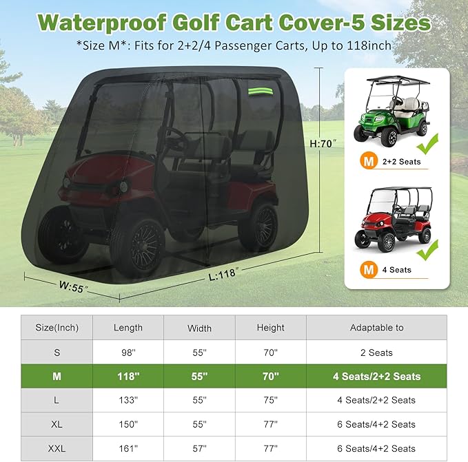 Waterproof Golf Cart Cover 4 Passenger for Yamaha/E-Z-Go/Cushman/Club Car/Evolution/ICON, Heavy Duty Sun Rain Dust Protection 2+2/4 Passenger Golf Cart Cover with Soft Cotton Lining & Door Zipper-M