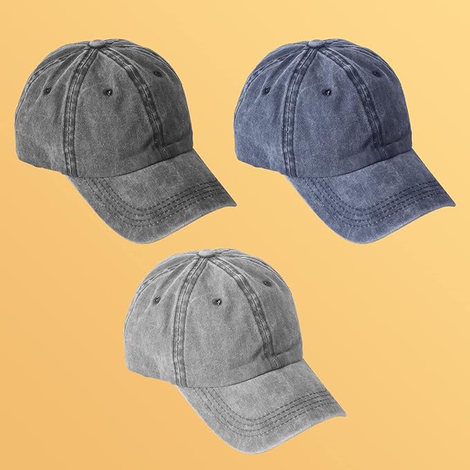 MEINICY 3 Packs Washed-Cotton Plain Baseball Cap, Vintage Adjustable Dad Hats Gift for Men/Women,Unstructured
