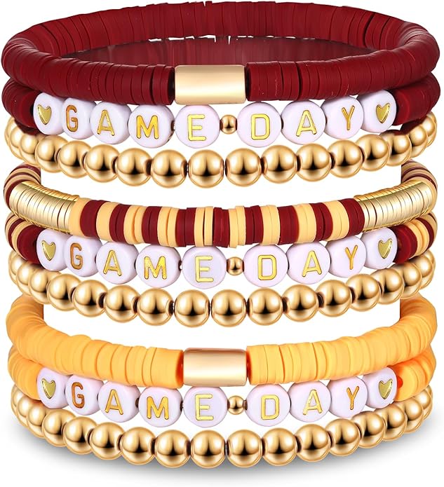 NLCAC 9 Pack Game Day Bracelets Stackable Heishi Beaded Stretchy Bracelet Preppy Jewelry Baseball Football Team Bracelets Sports Fan Accessories Gifts