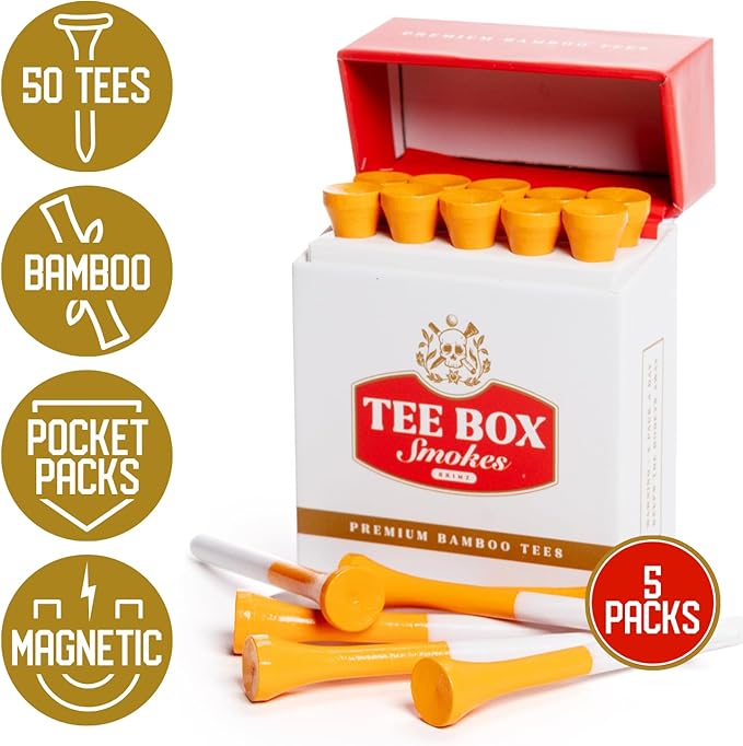 BRIMZ Tee Box Smokes Bamboo Golf Tees – Magnetic Reusable Tee Case – 50 Premium 2¾" Golf Tees – Funny Golf Gift & Golf Accessories (Big Pack – 5 Cases)
