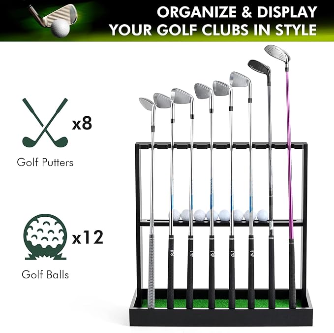 XCSOURCE Wooden Golf Putter Stand, Golf Club Holder Stand Floor Display Rack, Golf Club Rack for 8 Clubs and 12 Balls Storage, Golf Club Organizer for Indoor Home Office Club Simulator