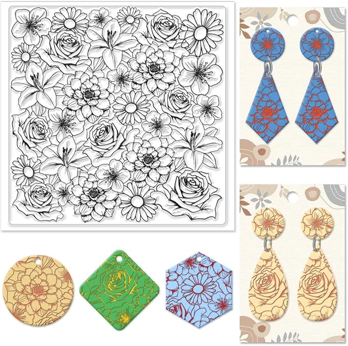 CHGCRAFT Flowers Polymer Clay Texture Sheets Rose Daisy Silicone Texture Stamp by chgcraft