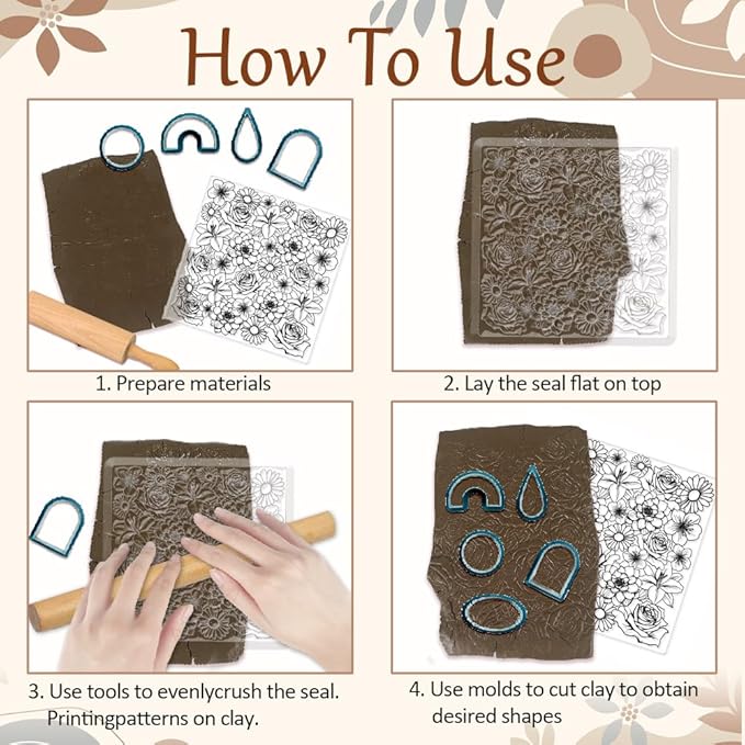 CHGCRAFT Flowers Polymer Clay Texture Sheets Rose Daisy Silicone Texture Stamp - Image 3