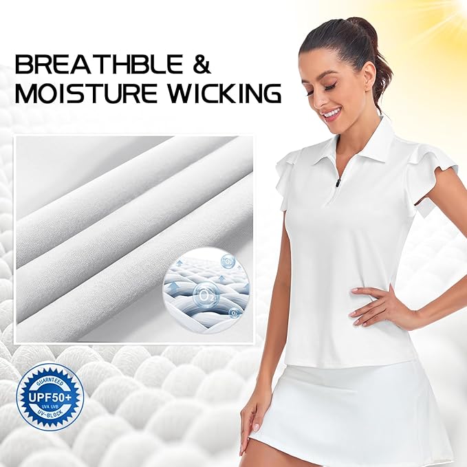 Soneven Womens Petal Sleeve Golf Shirts Moisture Wicking Lady Golf Apparel Print Tennis Sport T Shirt