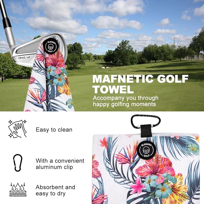 Golf Towel Magnetic Golf Bags Towel with Clip for Men & Women，Microfiber Fabric Waffle Pattern Golf Towels for Strong Hold to Golf Carts or Clubs (White)