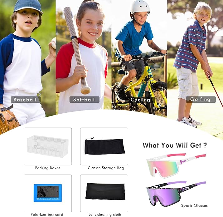 MVPTGRS Youth Baseball Sunglasses for Boys Girls Age 8-14 TR90 Frame Kids Sport Sunglasses for Softball Cycling Baseball Golf