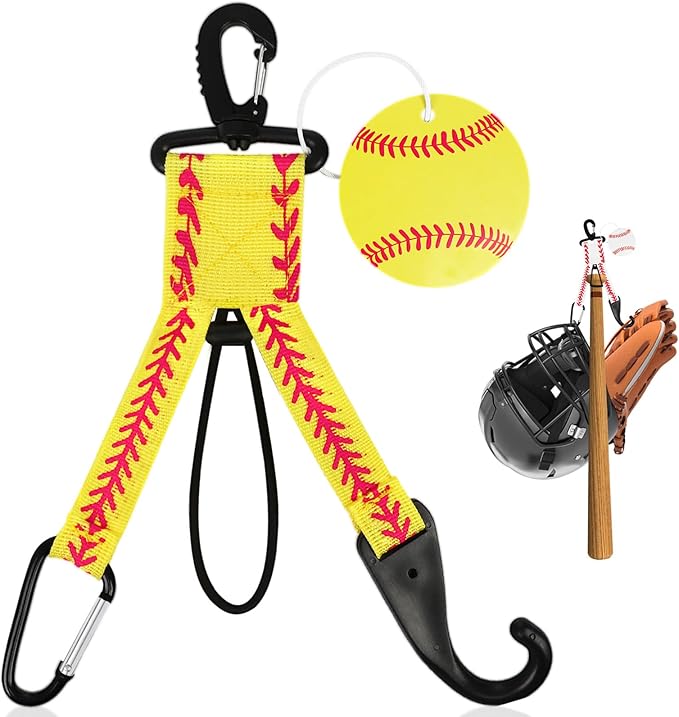 Eyourlife Dugout Organizer Fence Hooks Baseball Softball Gift for Bag Backpack Glove Helmet Drinking Bottle Hanging with Name Luggage Tags Charms Team Gifts for Coach Mom (1set yellow softball)