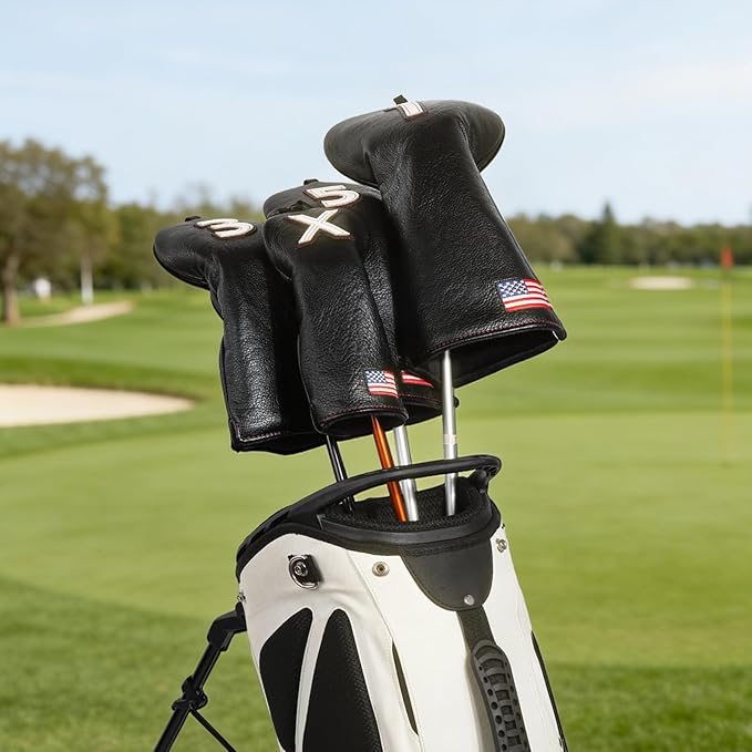 Golf Head Covers, US Flag Patriotism Golf Club Cover for Woods and Driver, Fairway, Hybrid - Premium Leather Golf Club Head Covers with Interchangeable Tags