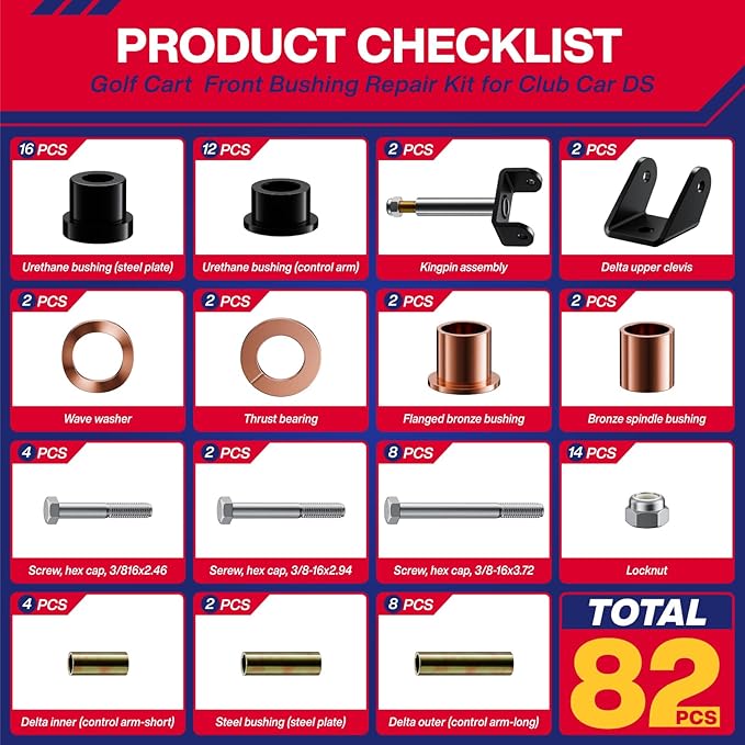 Club Car DS Deluxe Repair Bushing Kit, 1993-UP Golf Cart Front Rear End Bushing Kit for Club Car DS, Club Car King Ping Repair Kit, Club Car Front End Rebuild Kit OEM# 1015583 1016386 1016384