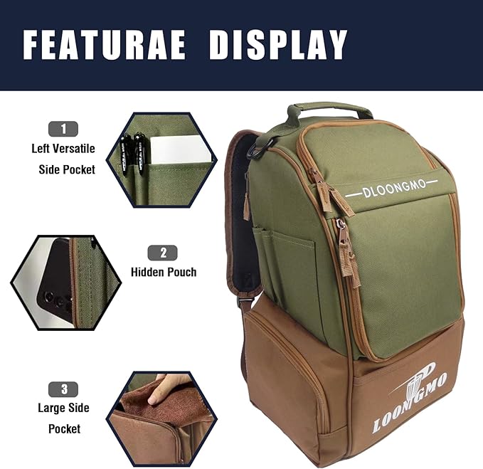 Disc Golf Bag, Durable Disc Golf Backpack Holds 22+ Discs, Large Capacity with Multiple Storage Pockets