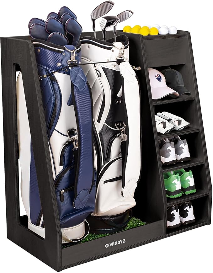 WINGYZ Premium Birch Plywood Golf Bag Storage for 2 Bags | 36lb Rock-Solid Golf Bag Organizer | 7-Shelf Command Center | Artificial Turf 12-Ball Display | No Wall Mounting Required (Black)