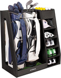 WINGYZ Premium Birch Plywood Golf Bag Storage for 2 Bags | 36lb Rock-Solid Golf Bag Organizer | 7-Shelf Command Center | Artificial Turf 12-Ball Display | No Wall Mounting Required (Black)