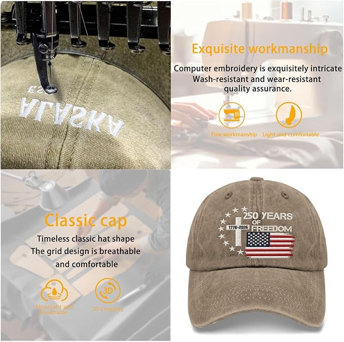 US 250th Anniversary Hat, Patriotic Embroidered Cap, 1776-2026 Freedom Celebration, 250 Years American History Gift Patriots