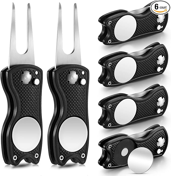 Skylety 6 Packs Golf Repair Tool Stainless Steel Foldable Golf Divot Tool Magnetic Button Ball Marker