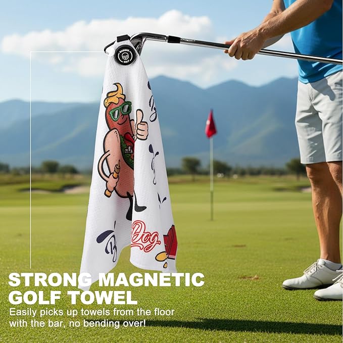 Golf Towel Magnetic Towel for Bags with Clip for Men & Women，Microfiber Fabric Waffle Pattern Golf Towels for Strong Hold to GolfCarts or Clubs (White Hotdog)
