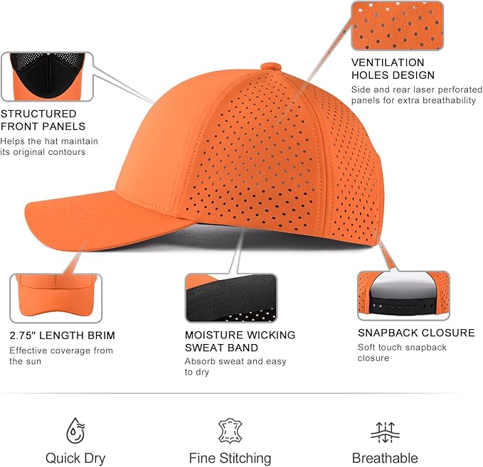 VOBOOM Men Quick Dry Baseball Cap Laser Cut Mesh Ball Curved Brim Snapback Hat
