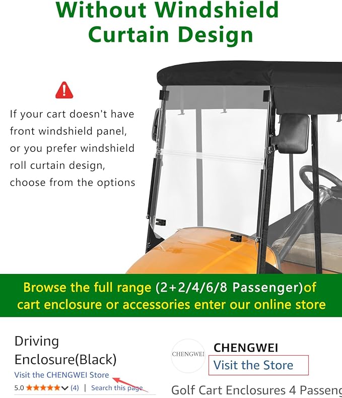 2 Passenger Golf Cart Enclosure for Ezgo TXT, 600D Waterproof Rain Driving Cover with 3 Sided Roll-Up Clear Windows & Doors, Heavy Duty Zippers & Side Mirror Openings