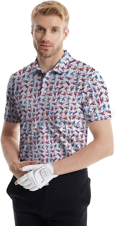 HUURAY Funny Golf Polos for Men Funny Print Short Sleeve Shirts Quick Dry Polo Shirts Hawaiian Shirt Performance Golf Outfits