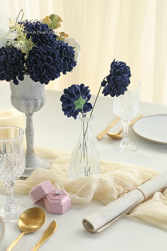 Floroom Artificial Dahlia Flowers 25pcs Real Looking Navy Blue Foam Fake Roses - Image 4