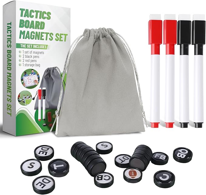 ZPU 24 Picese Football Magnets Set with 2 Dry Erase Black Marker Pens, 2 Red Marker Pens, 1 Storage Bag, Tactics Strategy Board Coaches Clipboard Accessories (Board NOT Included)
