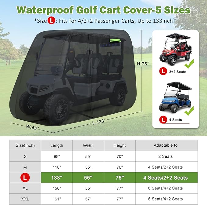 Waterproof Golf Cart Cover 4 Passenger for Yamaha/Cushman/Evolution/Tomberlin/ICON/Star EV, Heavy Duty Sun Rain Dust Protection 2+2/4 Passenger Golf Cart Cover with Soft Cotton Lining & Door Zipper-L
