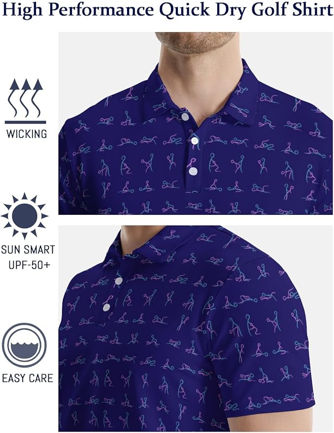 HUURAY Funny Golf Polos for Men Funny Print Short Sleeve Shirts Quick Dry Polo Shirts Hawaiian Shirt Performance Golf Outfits