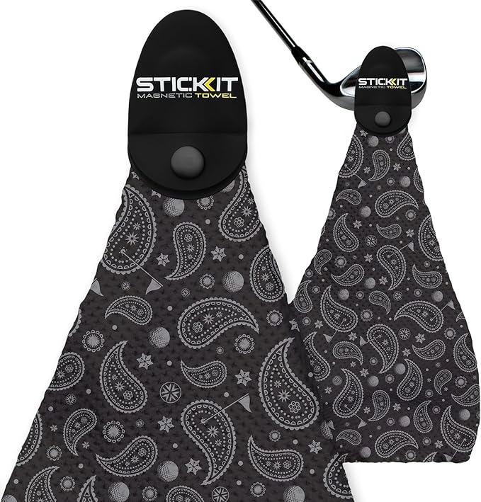 STICKIT Magnetic Golf Towel - Ultra-Absorbent with Waffle Weave Microfiber - Golf Towel with Magnet for Bags, Clubs & Carts - Removes Dirt, Grass, & Debris from Club Face - 29” x 29” (Black Paisley)