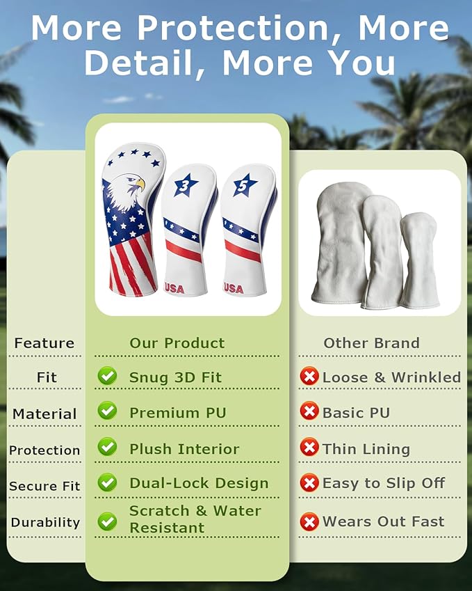 Fitense Golf Head Covers, 3 Pack Golf Club Head Covers USA Stars and Stripes, Velour Lined for Extra Club Protection, Designed to Fit All Woods and Drivers Velour Lined
