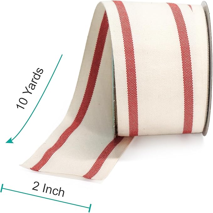 CT CRAFT LLC Ivory Cotton Red Stripes Ribbon 2" x 10 Yards - Image 2