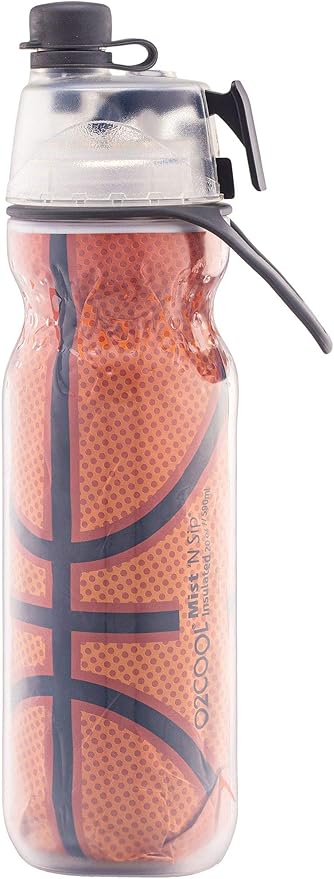 O2COOL Mist 'N Sip Misting Water Bottle 2-in-1 Mist And Sip Function With No Leak Pull Top Spout Reusable Sports Water Bottle - 20 oz (2 Pack Basketball)