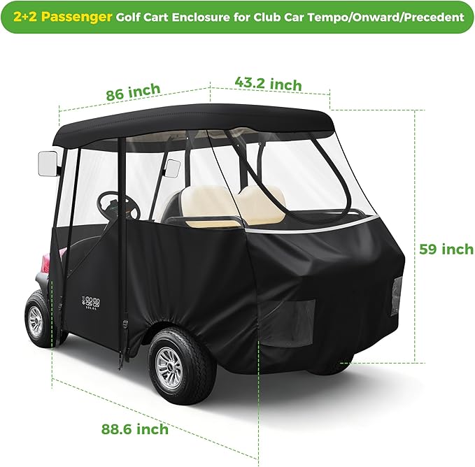10L0L 2/4/8 Passenger Golf Cart Enclosure for Club Car Precedent/Tempo/Onward, 600D Waterproof Golf Cart Rain Cover, Driving Enclosure with 4-Sided Clear Windows Roll-up Door Black -Roof 58"-141"