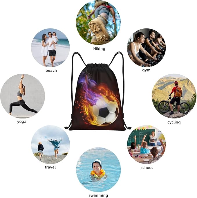 Boys Drawstring Bags with Fire Soccer Ball, Cool Sports Drawstring Backpack for Teens Boys Girls Adults Women Men, Black Daypack Bag for Work Gym Swim Travel Hiking School, Small
