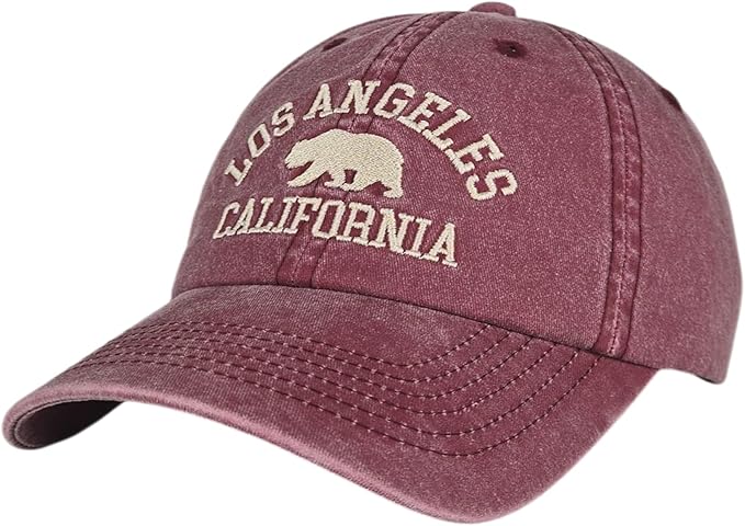 LA California Bear Embroidered Vintage Cotton Baseball Cap Adjustable Metal Buckle Unstructured Low-Profile Hat Men & Women