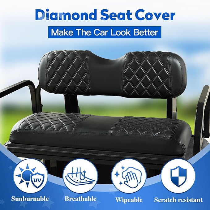 NOKINS Golf Cart Diamond Vinyl Seat Covers, Fit Club Car Precedent/DS/EZGO RXV/TXT/Yamaha Drive Aftermarket Standard Rear Seat Cushion, No Stapler, Multiple Colors and Breathable(Black&Black Stitch)