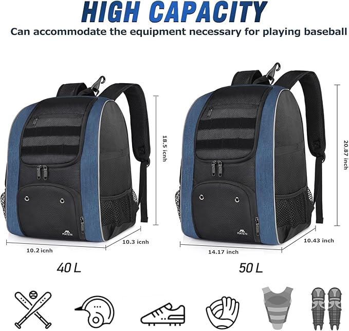 MATEIN Baseball Backpack, Lightweight Softball Bags with Shoes Compartment for Men, Large Capacity Baseball Bag Gifts for Adults with Fence Hook Hold 4 Tee Ball Bats, TBall Gear, Helmet