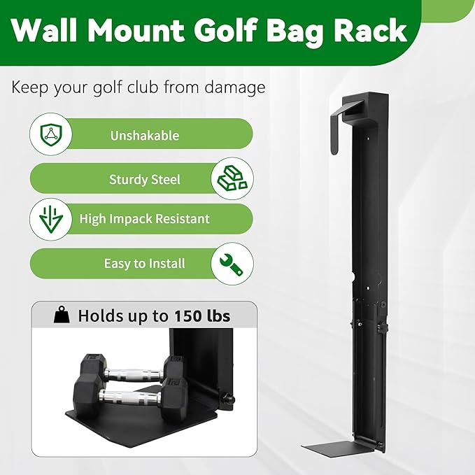 tonchean Wall Mount Golf Bag Storage Stand Stretchable Golf Bag Holder for Wall Foldable Golf Storage Organizer for Golfing Clubs, Home, Basement, Adjustable Range 33.4–42.5 Inch